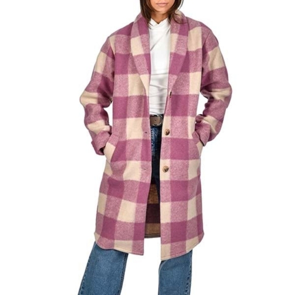 RD Style Pink Cream Plaid Lucy Long Cardigan Coat Small - Picture 2 of 4